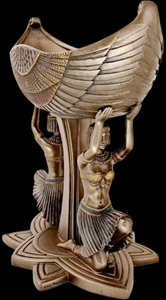 Monumental egyptisk skulptur skål med udbredte vinger (Horus symbol) og to kvindefigurer på Lotus base
